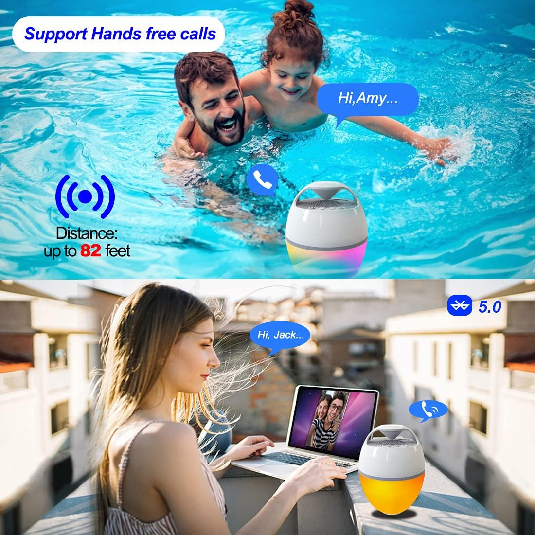 Floating Pool Speaker with Lights, Portable Bluetooth IP68 Waterproof Hot Tub Speaker for Outdoor Sports Home Party, Louder Volume, Rich Bass, Mic, 82 Ft Wireless Range