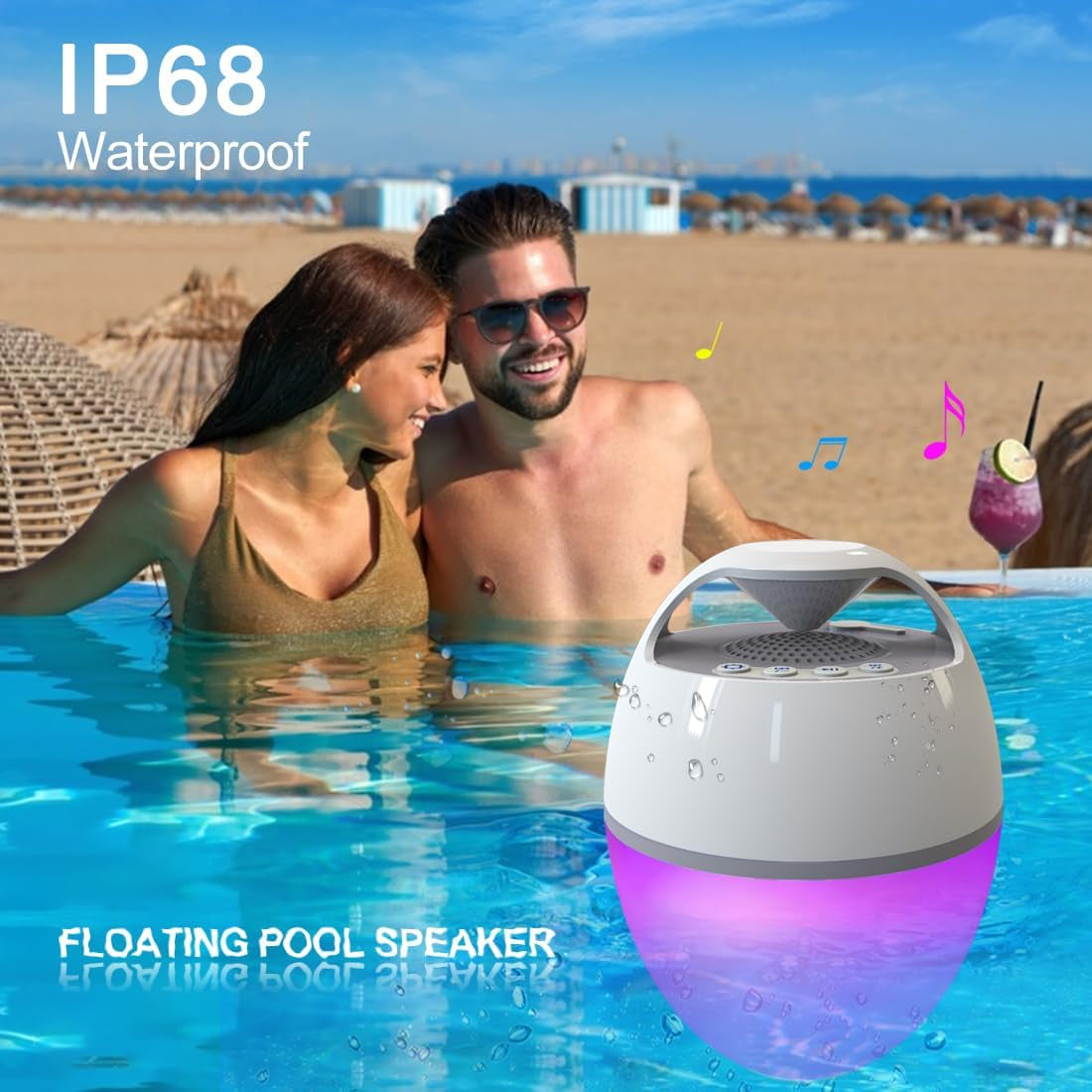 Floating Pool Speaker with Lights, Portable Bluetooth IP68 Waterproof Hot Tub Speaker for Outdoor Sports Home Party, Louder Volume, Rich Bass, Mic, 82 Ft Wireless Range